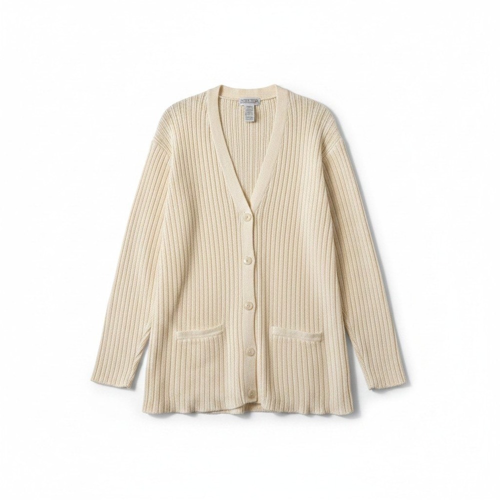 Lands End Vintage Cream Shaker Rib Knit Cotton Cardigan Sweater W Large 14-16